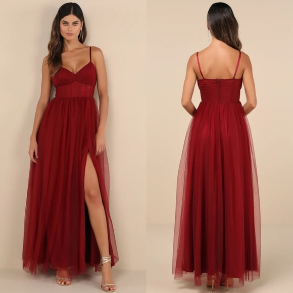 Lulus Convincingly Graceful Wine Red Tulle Sleeveless Maxi Dress M Wedding Prom - Picture 1 of 11
